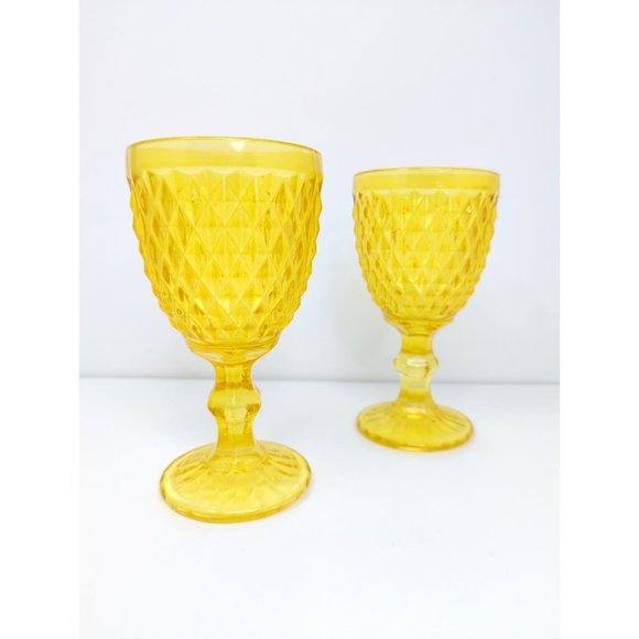 Other - Vintage Set of 2 Yellow Diamond Point Stemmed Water Wine Glass 6.75" Tall